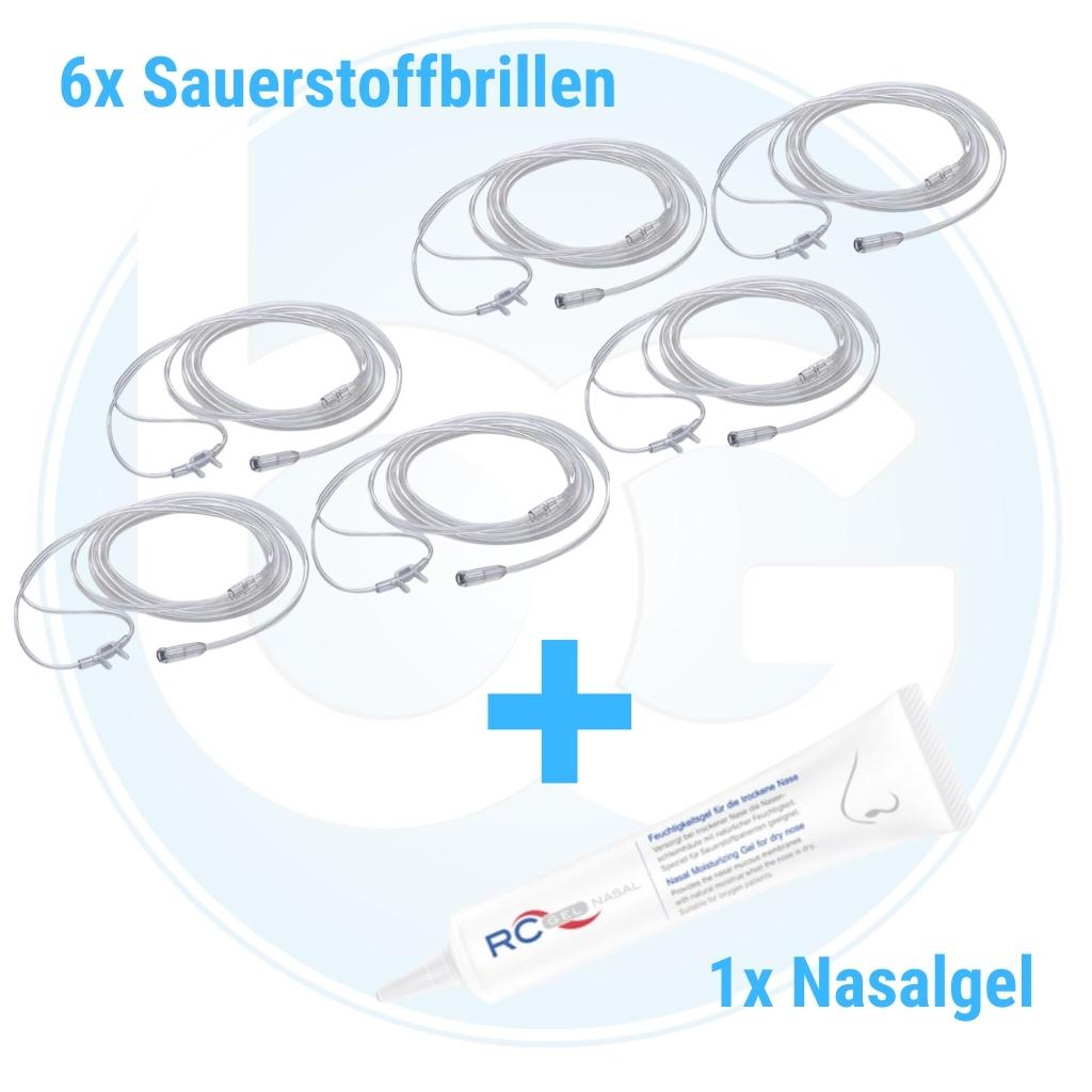 6x Sauerstoffbrille 2-10m lang- fr Erwachsene  inkl- Nasalgel (P-20ml)