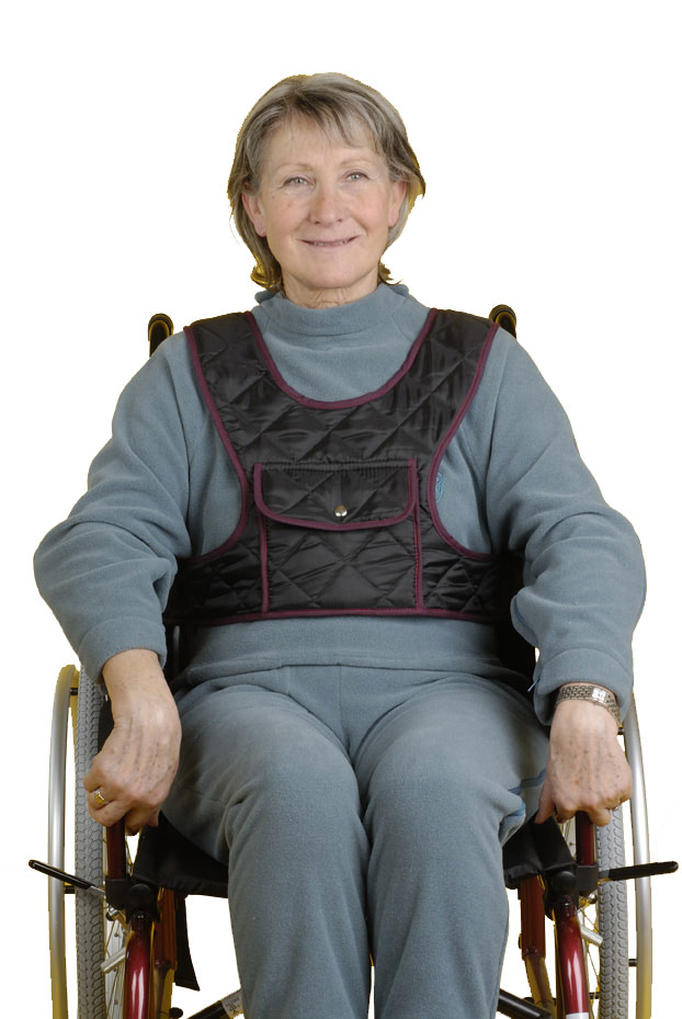 Fixierweste Auxilia mit Tasche- Stabilisierung des Oberkörpers im Rollstuhl- Steckverschlusssystem verbindet 3 Bänder miteinander: 2 über den Schultern und 1 um die Taille herum