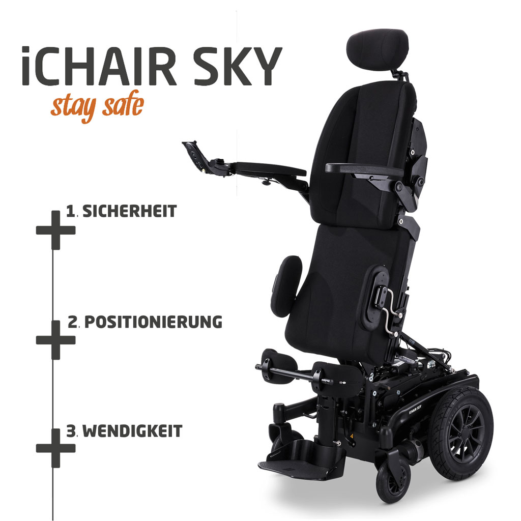 Meyra iChair Sky Elektro-Rollstuhl- Aufstehrollstuhl- Stehfunktion- Liegefunktion- Sitzlift- Sitzkantelung- Rückenverstellung- Memory-Funktion- wendiger Mittelradantrieb- Sitzsystem biomechanisch uvm-