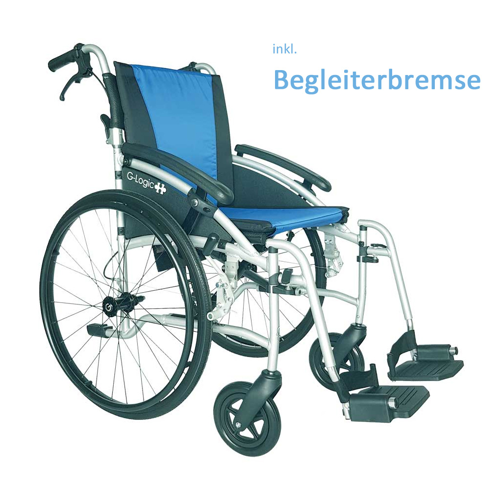 Rollstuhl G-Logic 24- blau- SB 45cm- Begleiterbremse- Gewicht nur 11-5kg- faltbar- der ideale Alu-Reise-Transport-Rollstuhl- Klapprücken- Leer-Transportgewicht nur 7-5kg