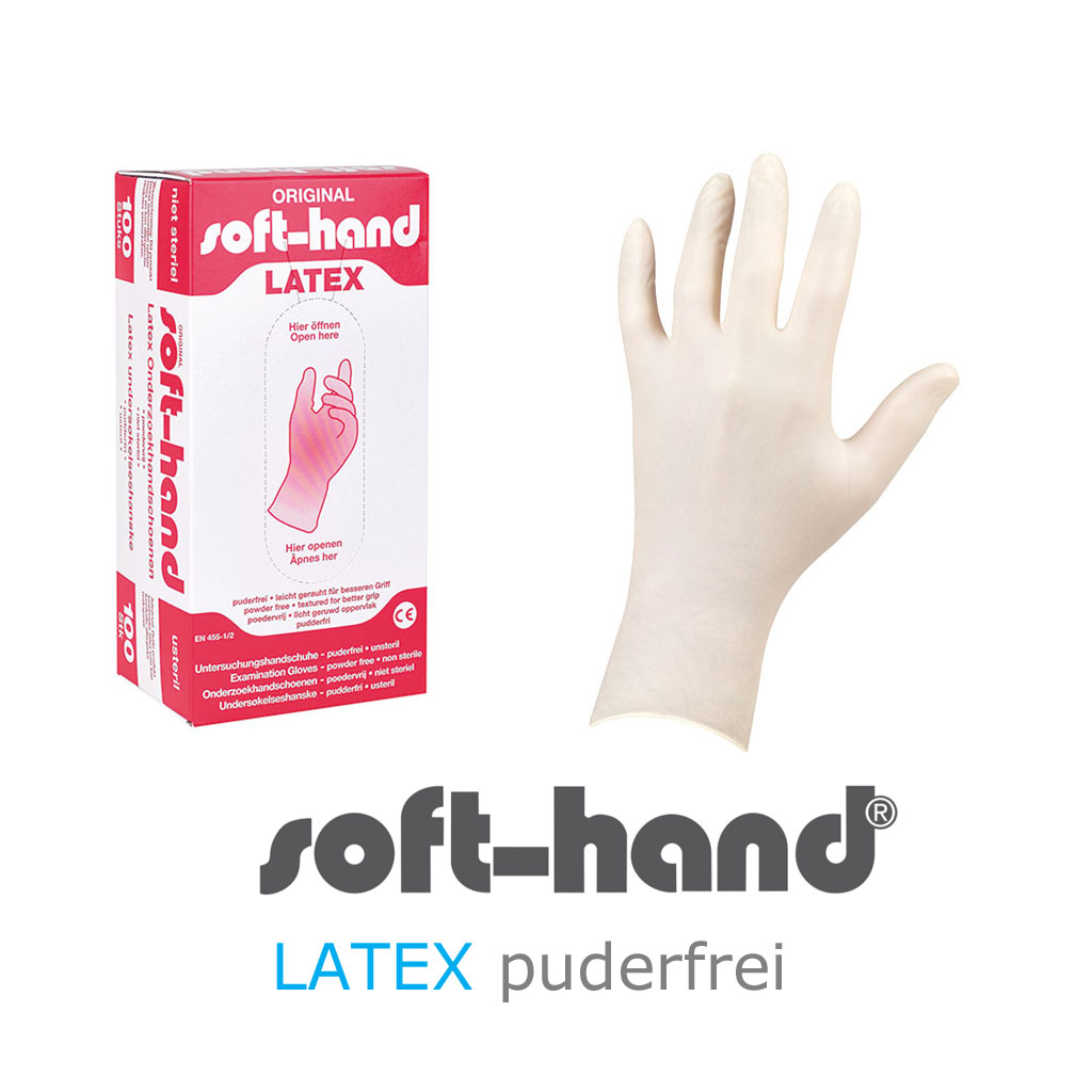 Soft-Hand Latex L- Einmal Untersuchungshandschuhe- puderfrei- angerauhte Oberflche- doppelt chloriniert- krftige Qualitt- unsteril- P-100 (aktuell nur geringer Bestand verfgbar)