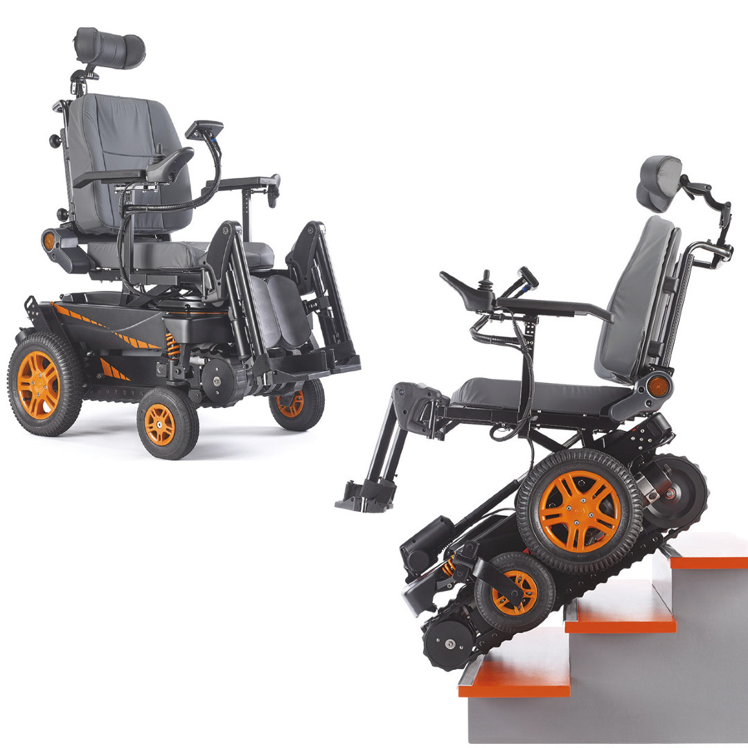 Treppensteigender Elektro-Rollstuhl TOPCHAIR- orange- inkl- elektrische Sitzkantelung- Joystick- E-Rollstuhl und Treppensteiger in einem- Probefahrt und Angebot anfordern unter Elektro-Rollsthle > Treppensteiger